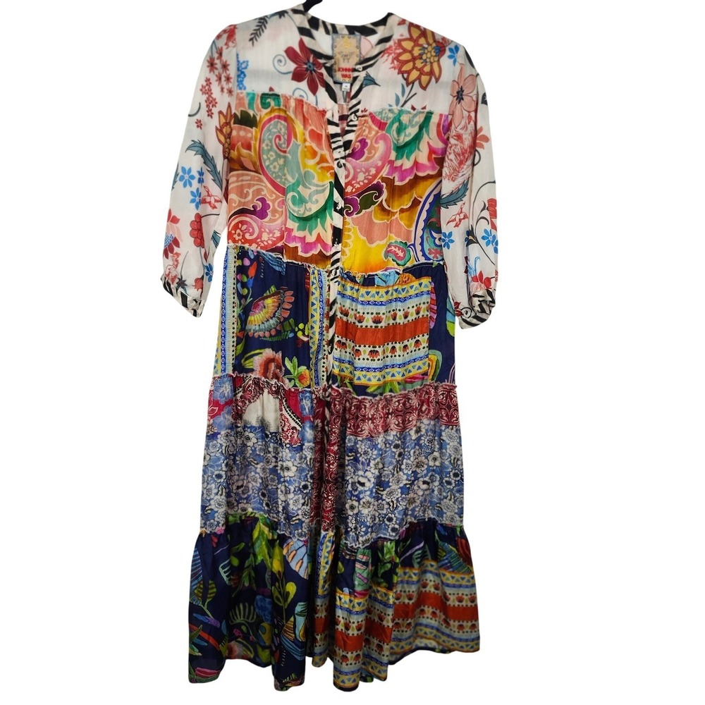 Johnny Was Dress Patchwork Floral Paisley Silk Tiered Boho Maxi XS